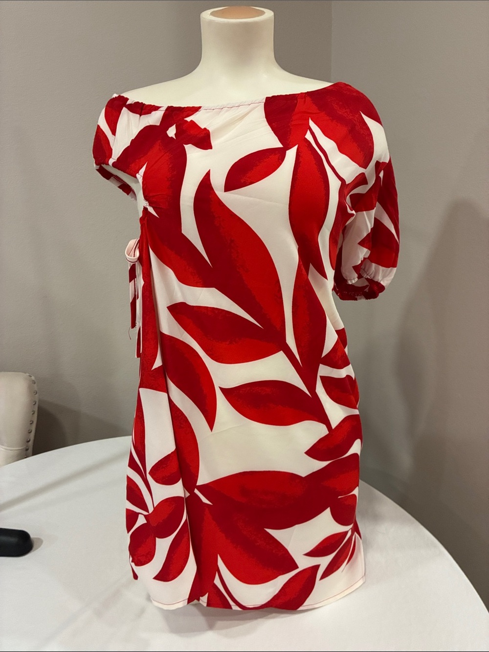 Off-Shoulder Red & White Leaf Print Dress